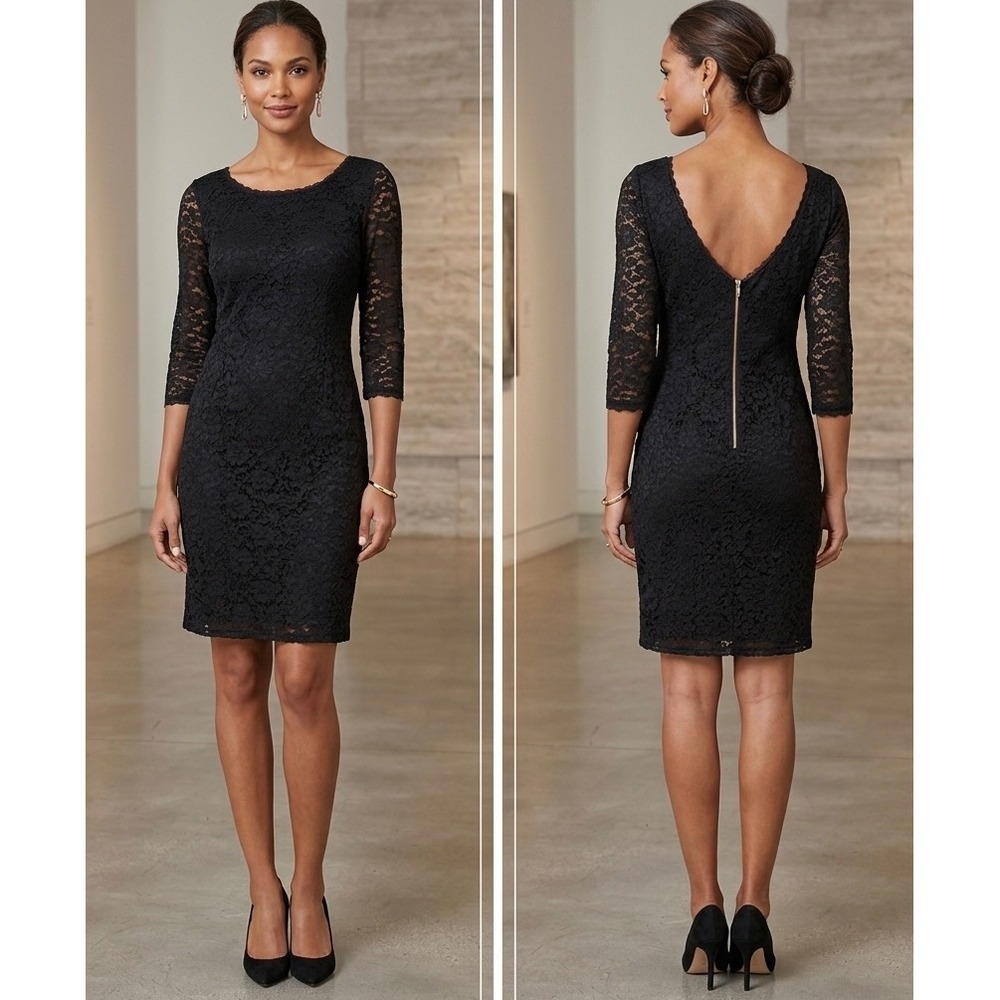 Laundry by Shelli Segal Black Floral Lace V-Back Sheath Dress Size 12